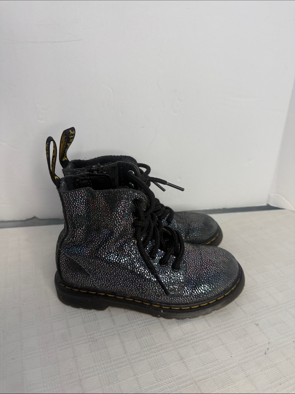 Dr. Martens Pascal Lace Up Boots Black Suede Outer Iridescent Foil Kids Girls 11